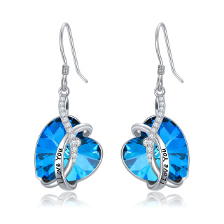 Sterling Silver Heart Crystal Heart Drop Earrings With Engraved Word-19