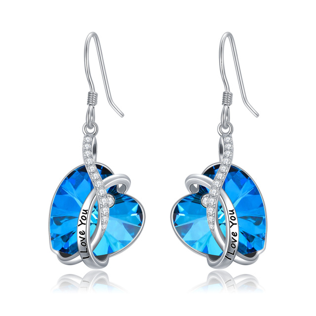 Boucles d'oreilles en argent sterling avec mot gravé en forme de coeur en cristal