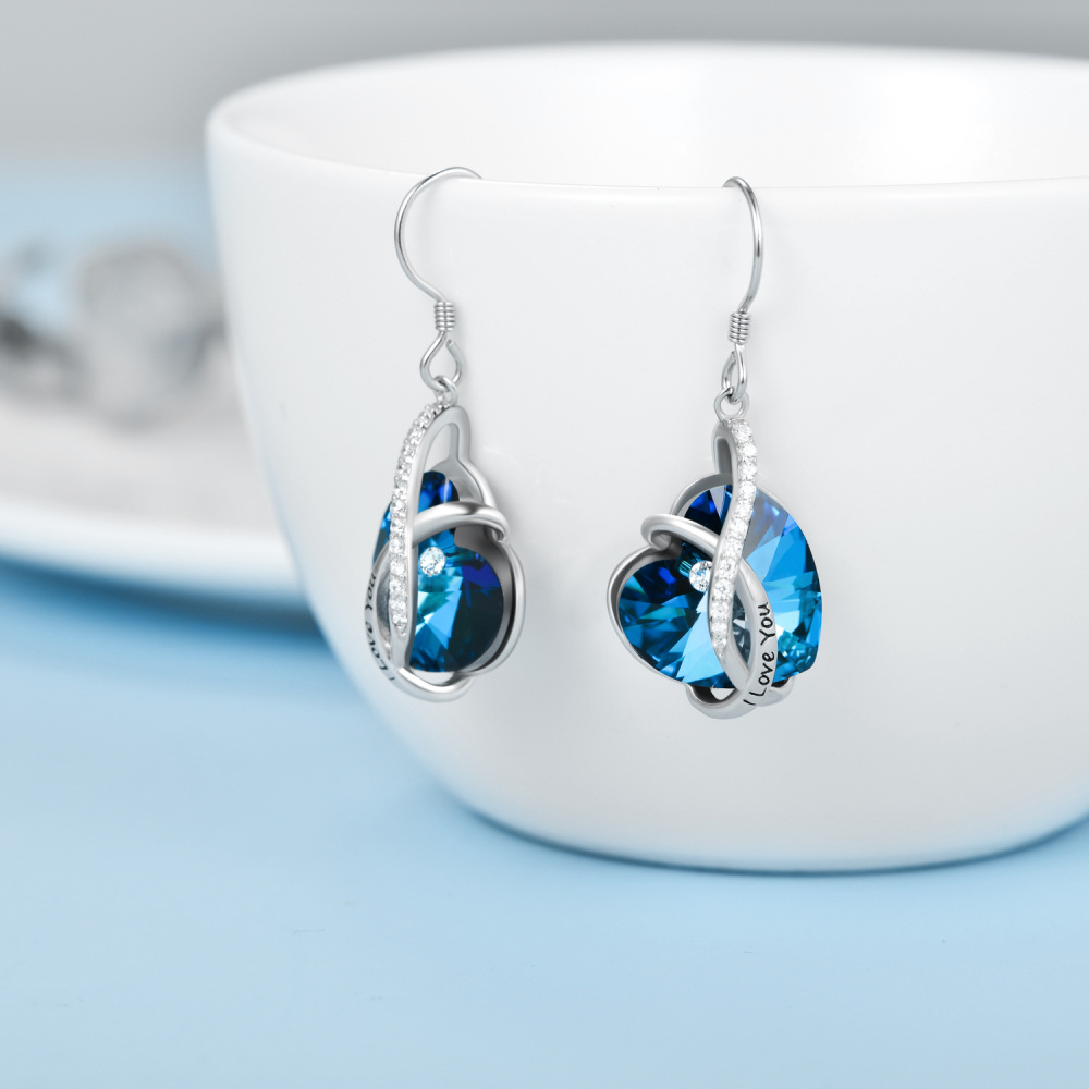 Sterling Silver Heart Crystal Heart Drop Earrings With Engraved Word-3