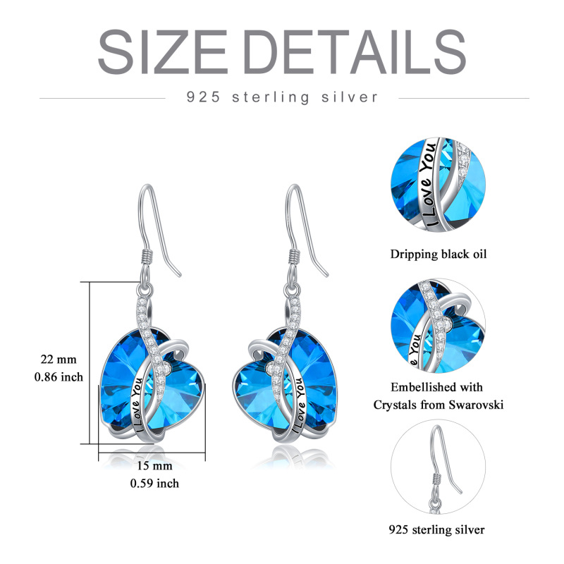 Sterling Silver Heart Crystal Heart Drop Earrings With Engraved Word-5