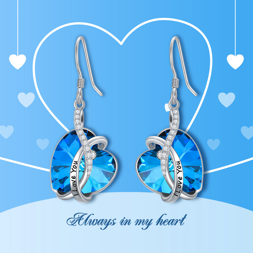 Sterling Silver Heart Crystal Heart Drop Earrings With Engraved Word-6