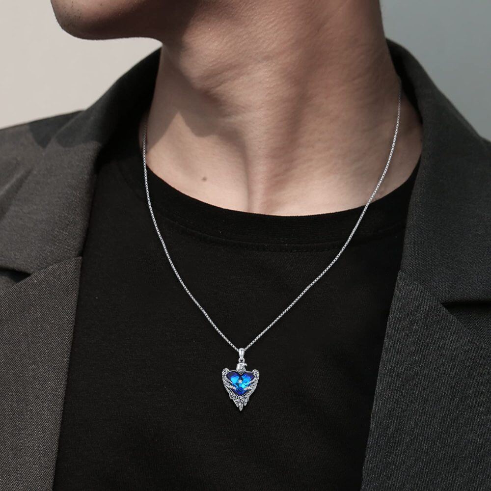Sterling Silver Heart Crystal Eagle & Heart Pendant Necklace For Unisex-3