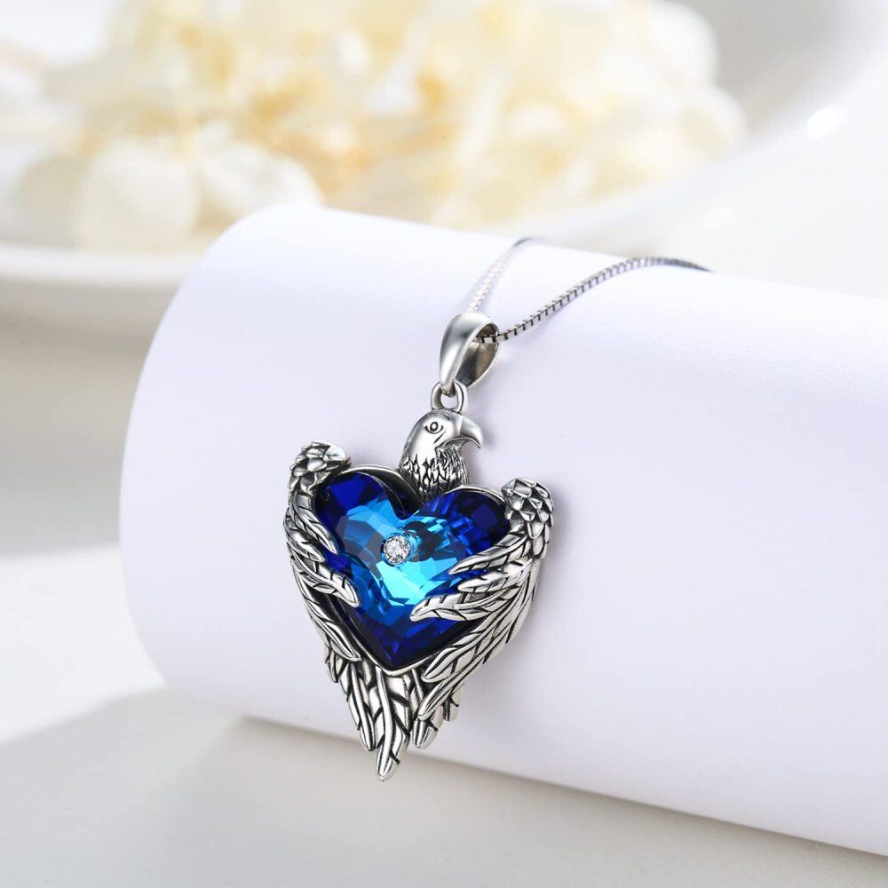 Sterling Silver Heart Crystal Eagle & Heart Pendant Necklace For Unisex-4
