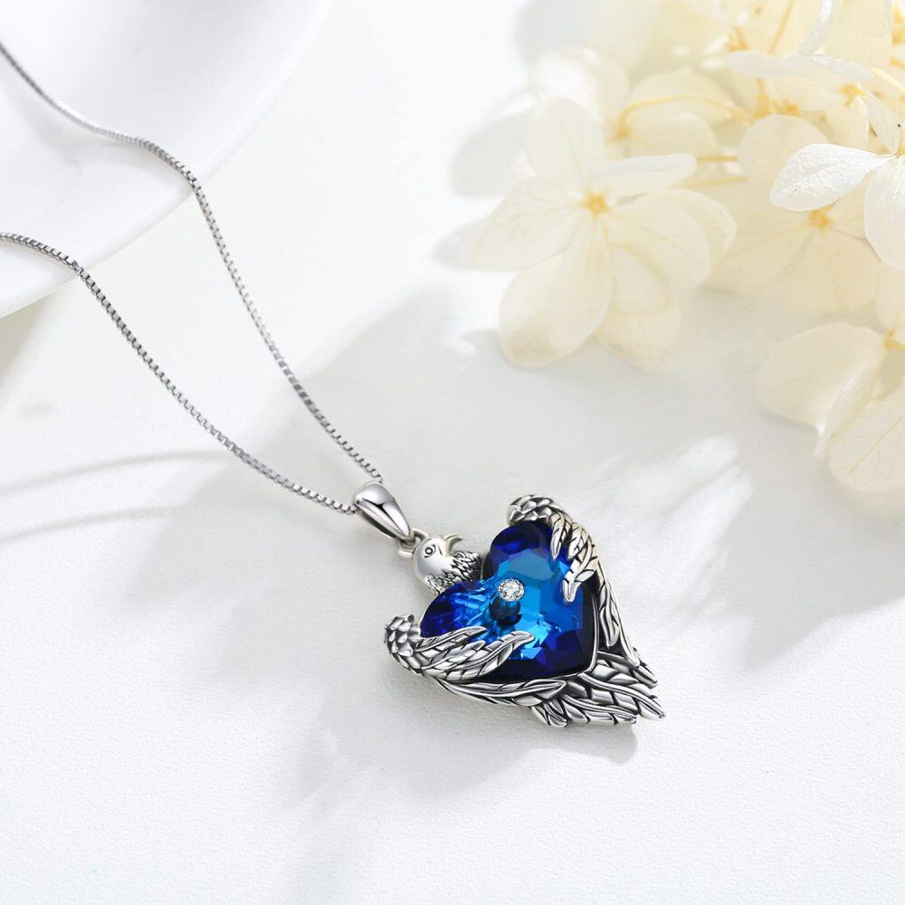 Sterling Silver Heart Crystal Eagle & Heart Pendant Necklace For Unisex-5