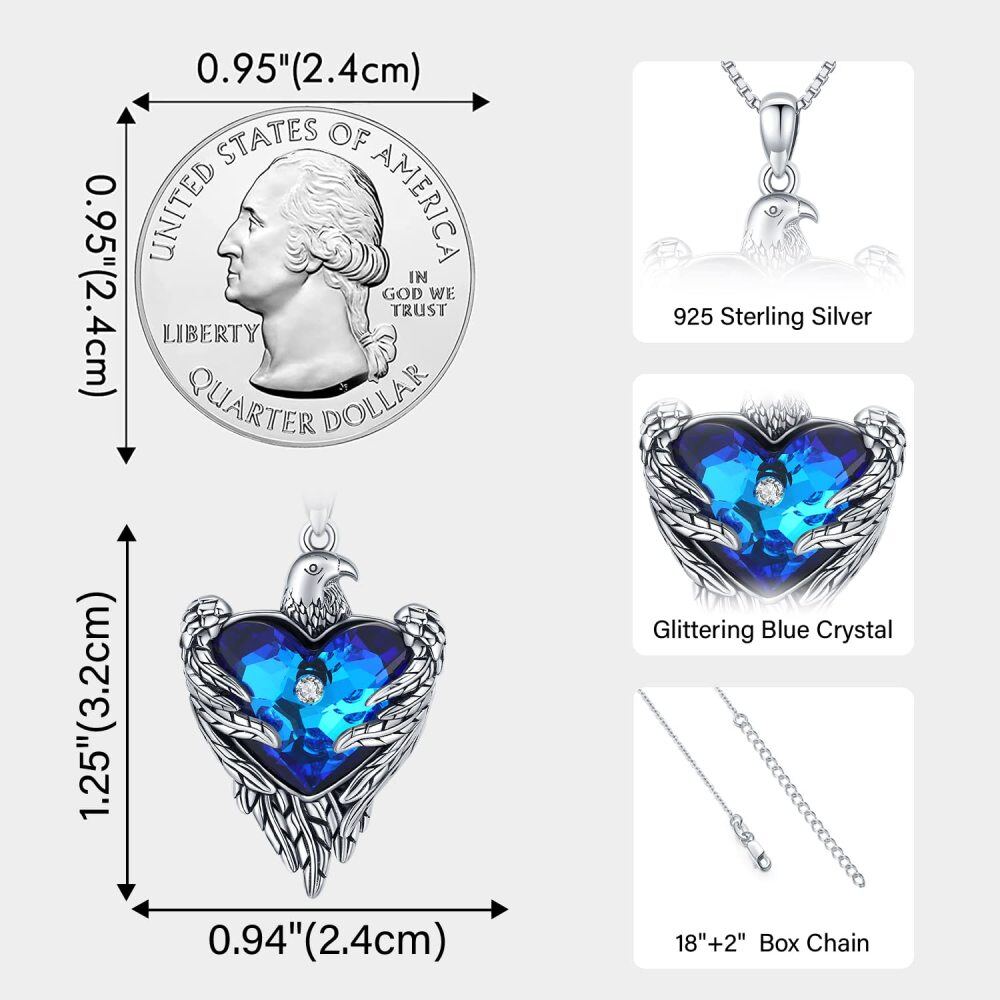 Sterling Silver Heart Crystal Eagle & Heart Pendant Necklace For Unisex-6