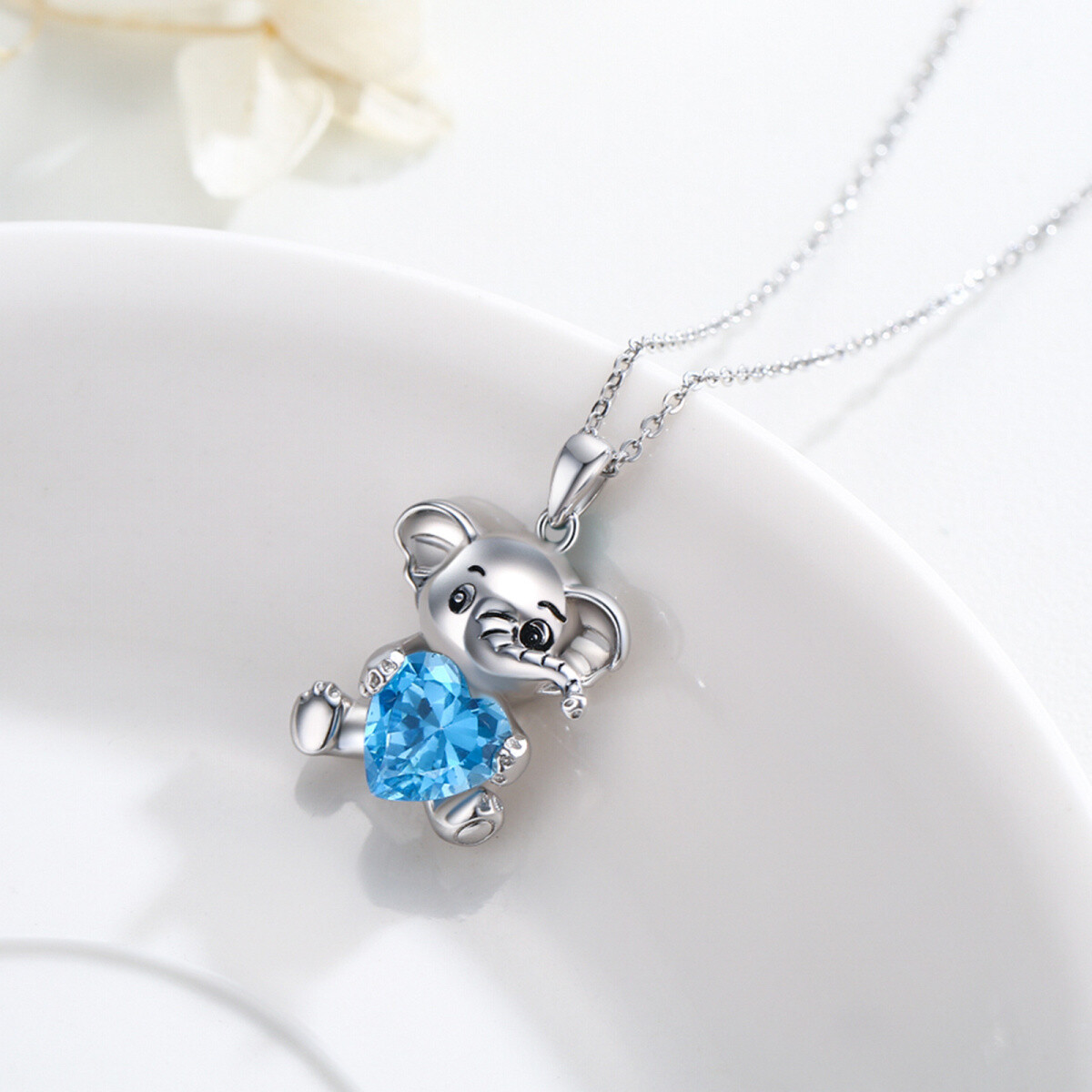 Collar con colgante de corazón de elefante de cristal azul de plata de ley para niña-2