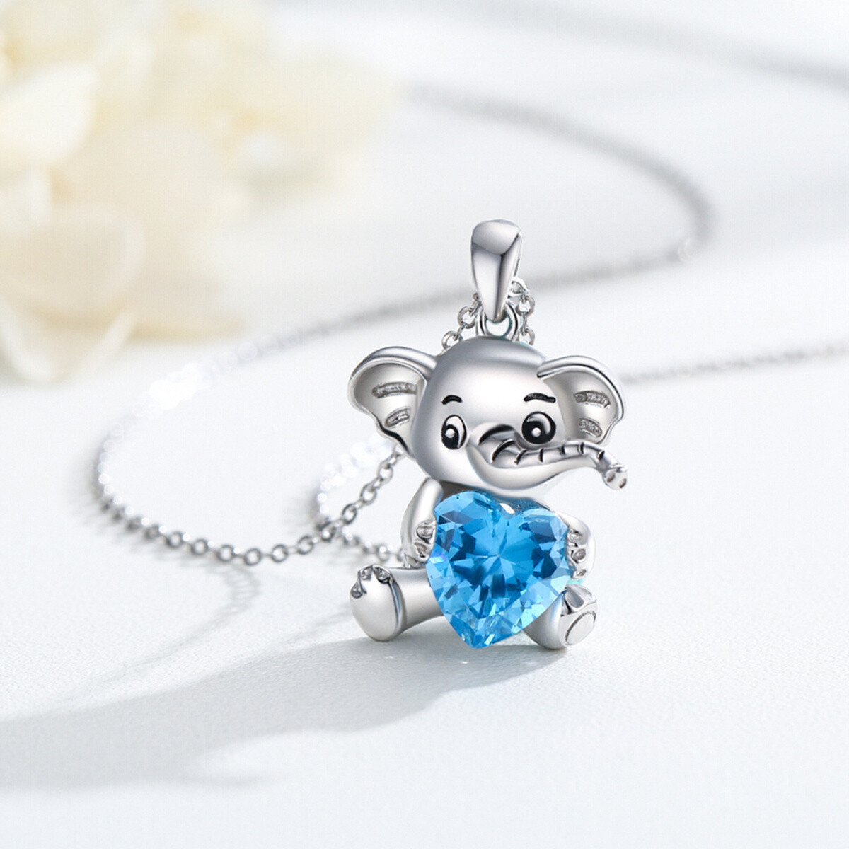 Collar con colgante de corazón de elefante de cristal azul de plata de ley para niña-3