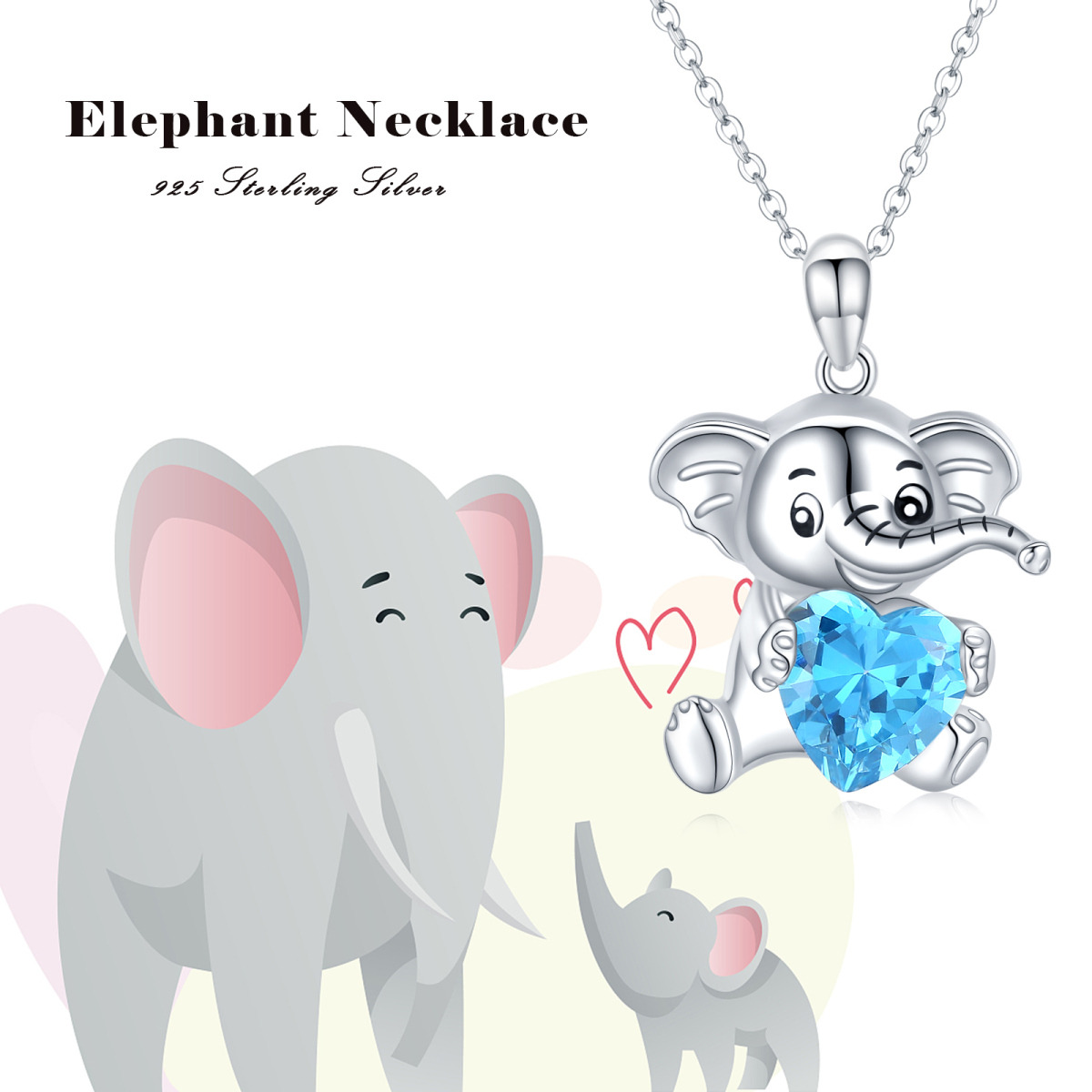 Collar con colgante de corazón de elefante de cristal azul de plata de ley para niña-4