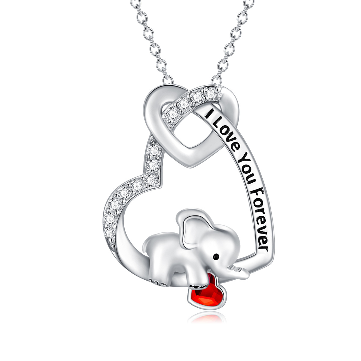 Collana con elefante con nodo d'amore a cuore in argento sterling con cristallo di granato inciso Ti amo per sempre-1