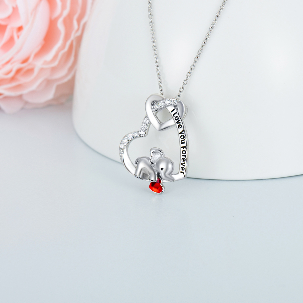 Collana con elefante con nodo d'amore a cuore in argento sterling con cristallo di granato inciso Ti amo per sempre-3