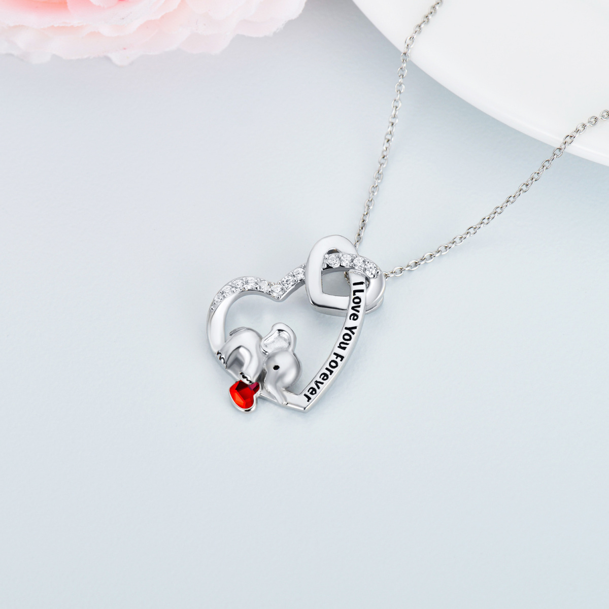 Collana con elefante con nodo d'amore a cuore in argento sterling con cristallo di granato inciso Ti amo per sempre-4