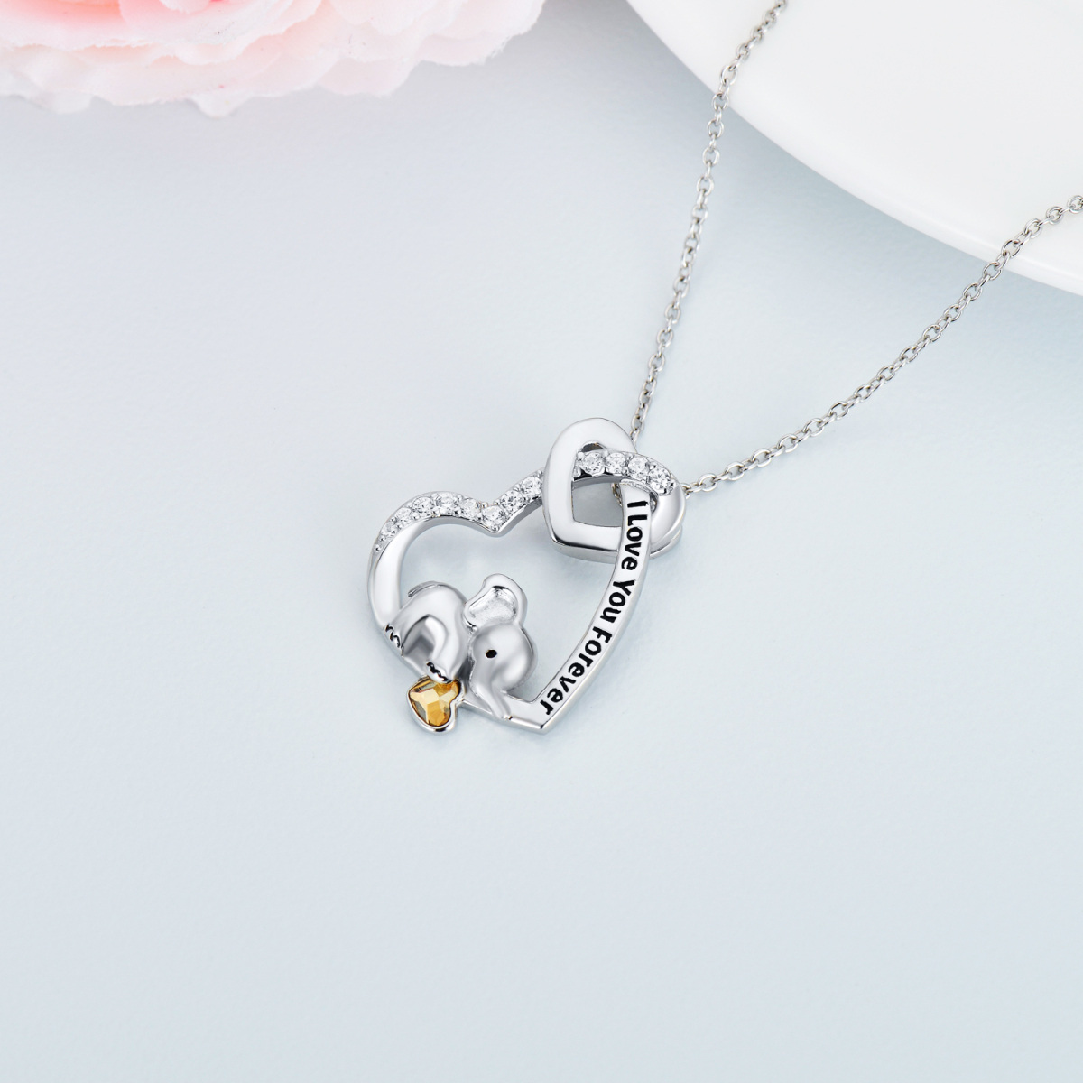 Sterling Silver Heart Love Knot Elephant Necklace With Yellow Crystal Engraved I Love You Forever-4
