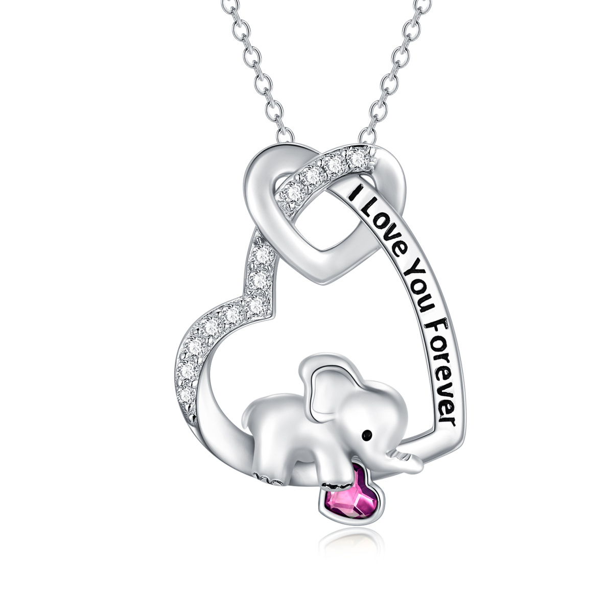 Sterling Silver Heart Love Knot Elephant Necklace With Purple Crystal Engraved I Love You Forever-1