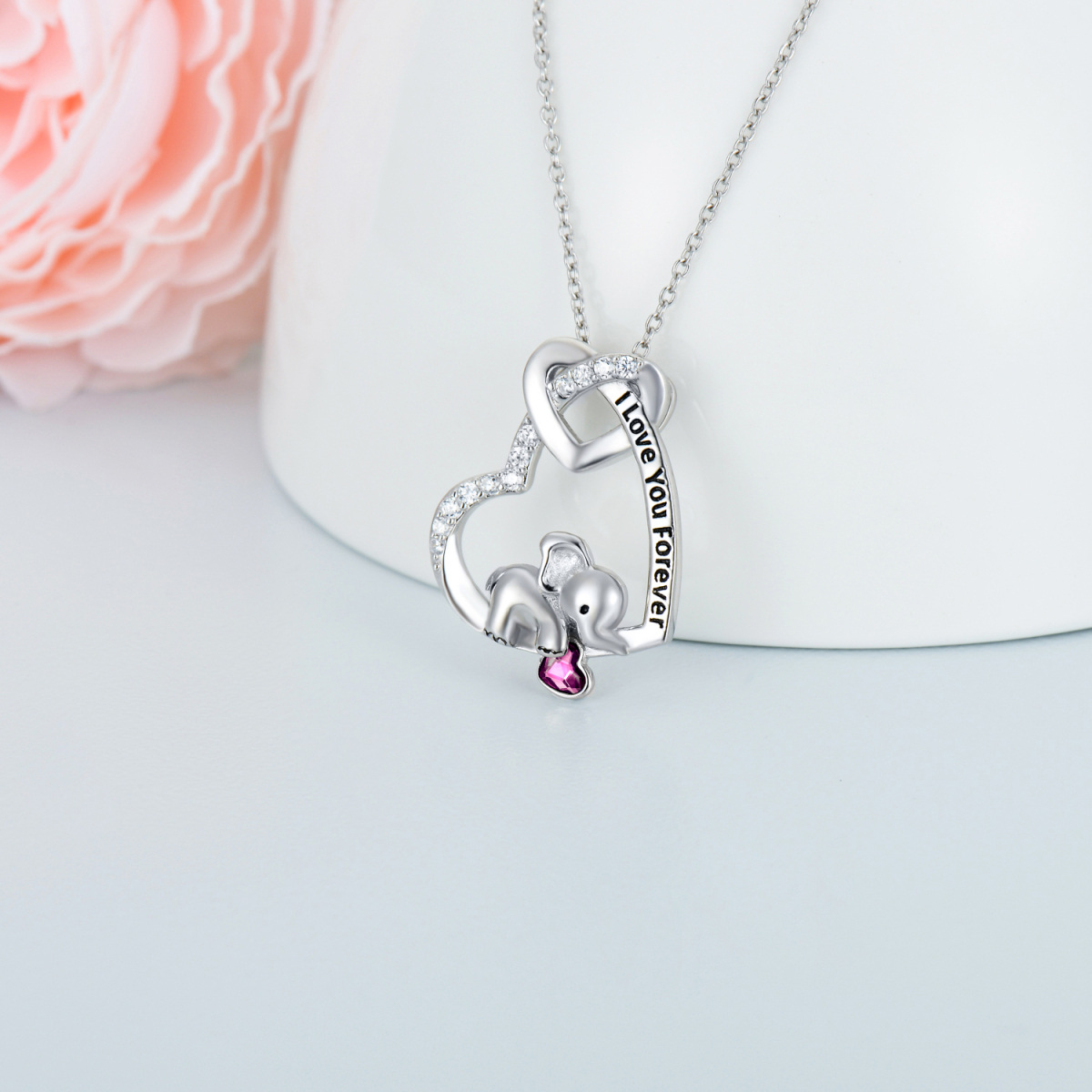 Sterling Silver Heart Love Knot Elephant Necklace With Purple Crystal Engraved I Love You Forever-3