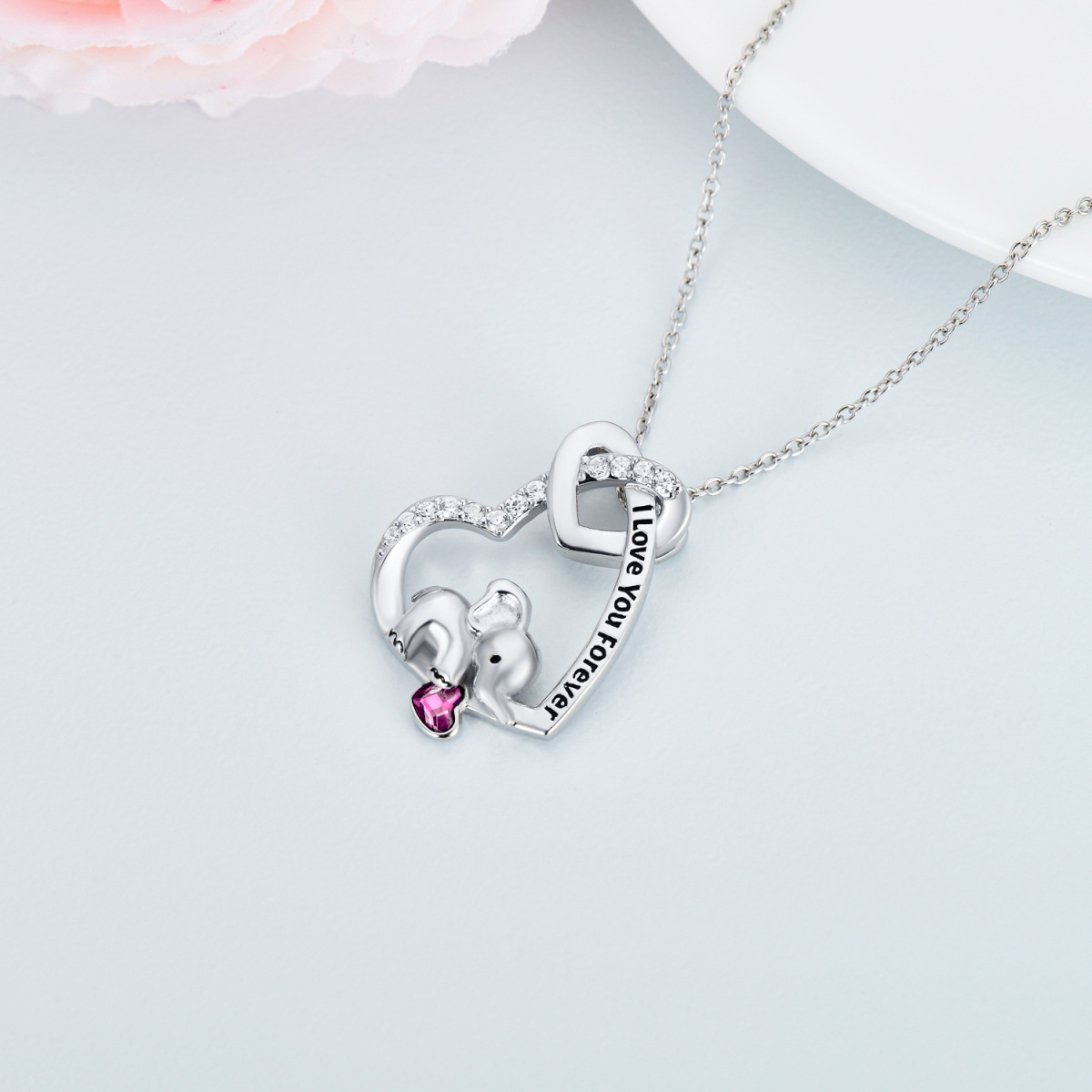 Sterling Silver Heart Love Knot Elephant Necklace With Purple Crystal Engraved I Love You Forever-4