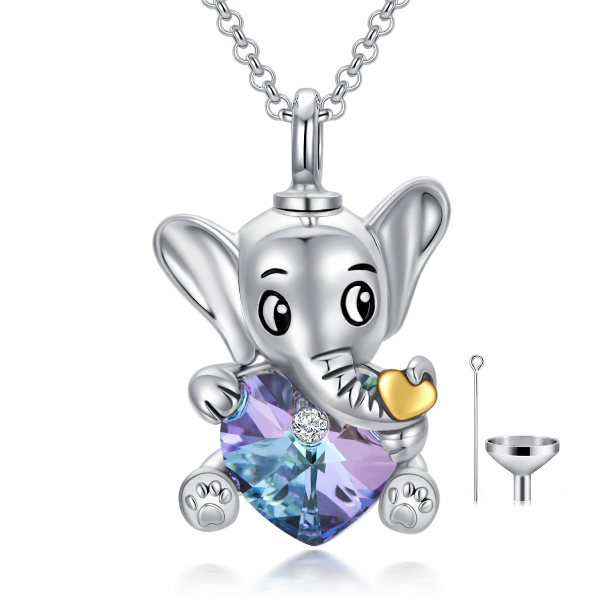 Sterling Silver Heart Shaped Crystal Elephant Urn Necklace for Ashes-1