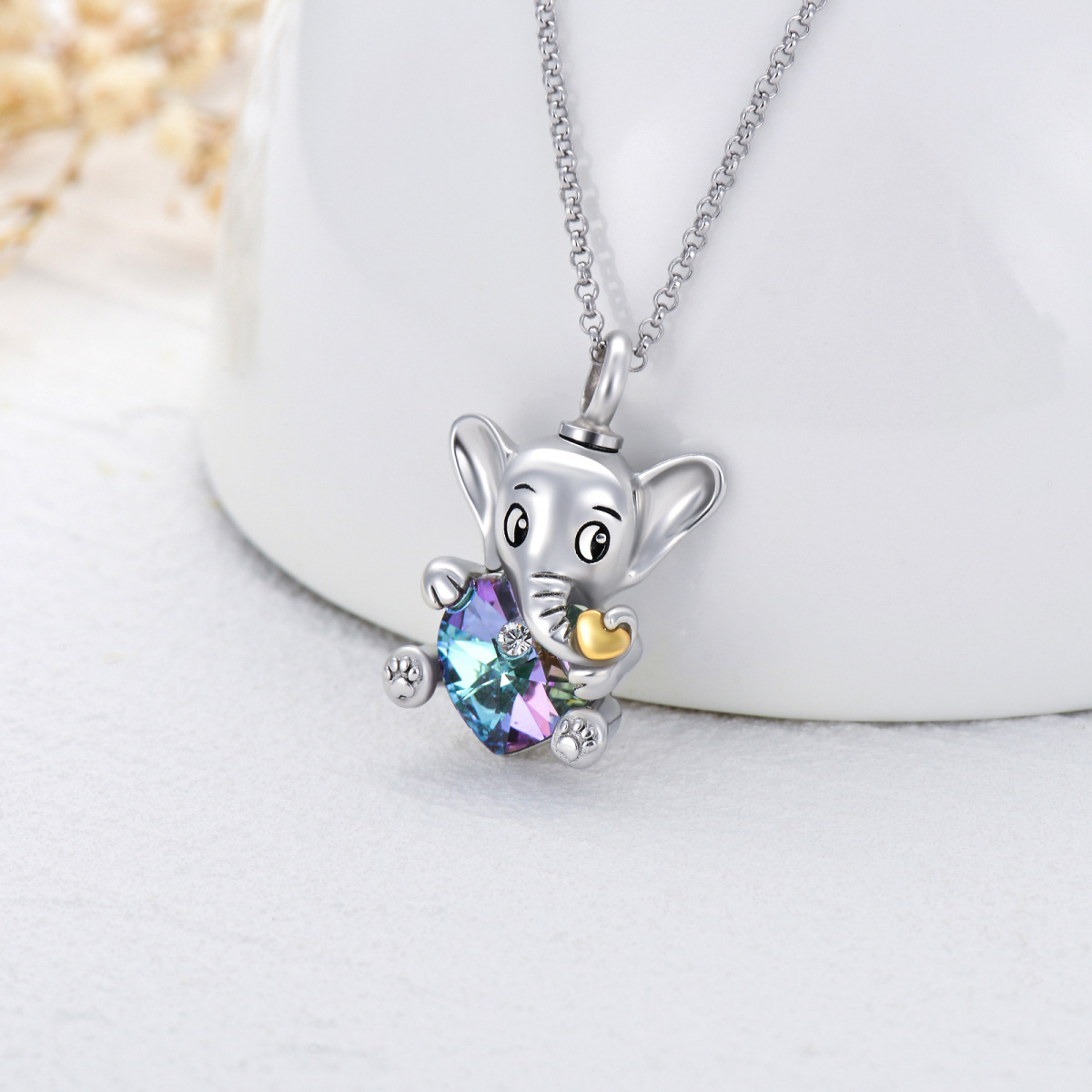 Sterling Silver Heart Shaped Crystal Elephant Urn Necklace for Ashes-4