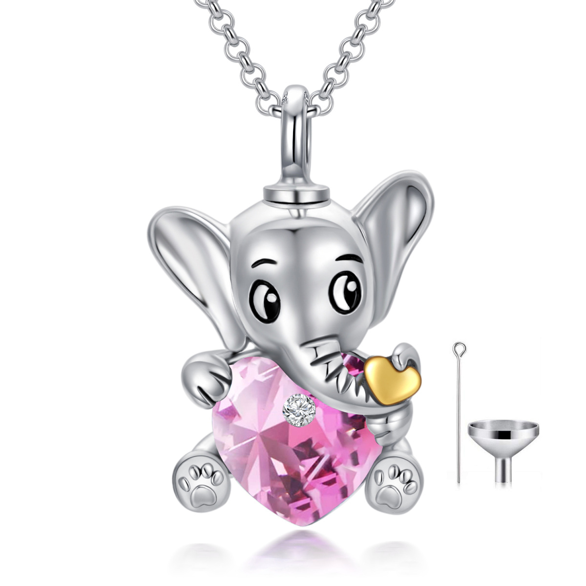 Collar Urna Elefante de Cristal en Plata de Ley con Forma de Corazón para Cenizas-1