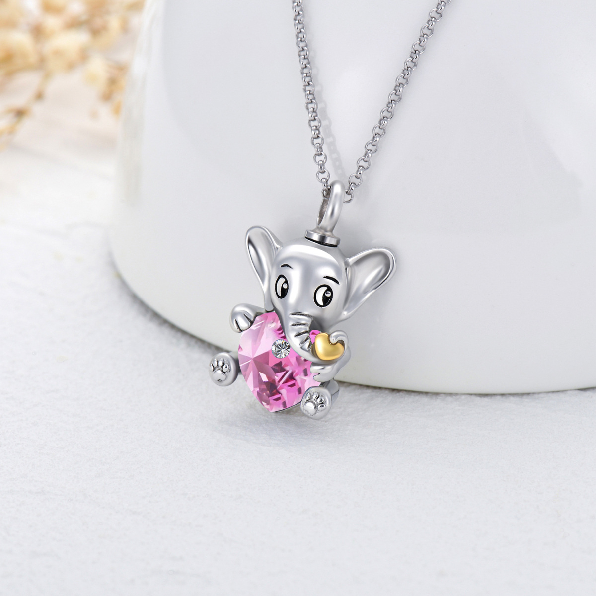 Collar Urna Elefante de Cristal en Plata de Ley con Forma de Corazón para Cenizas-3