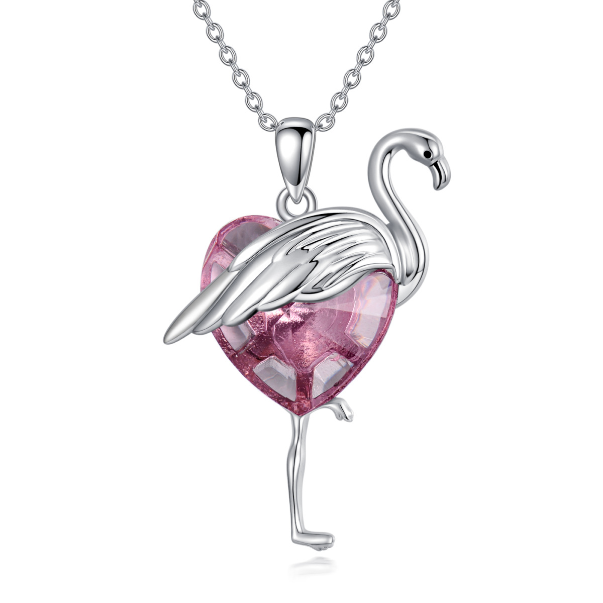 Sterling Silver Heart Crystal Flamingo Pendant Necklace For Women-1