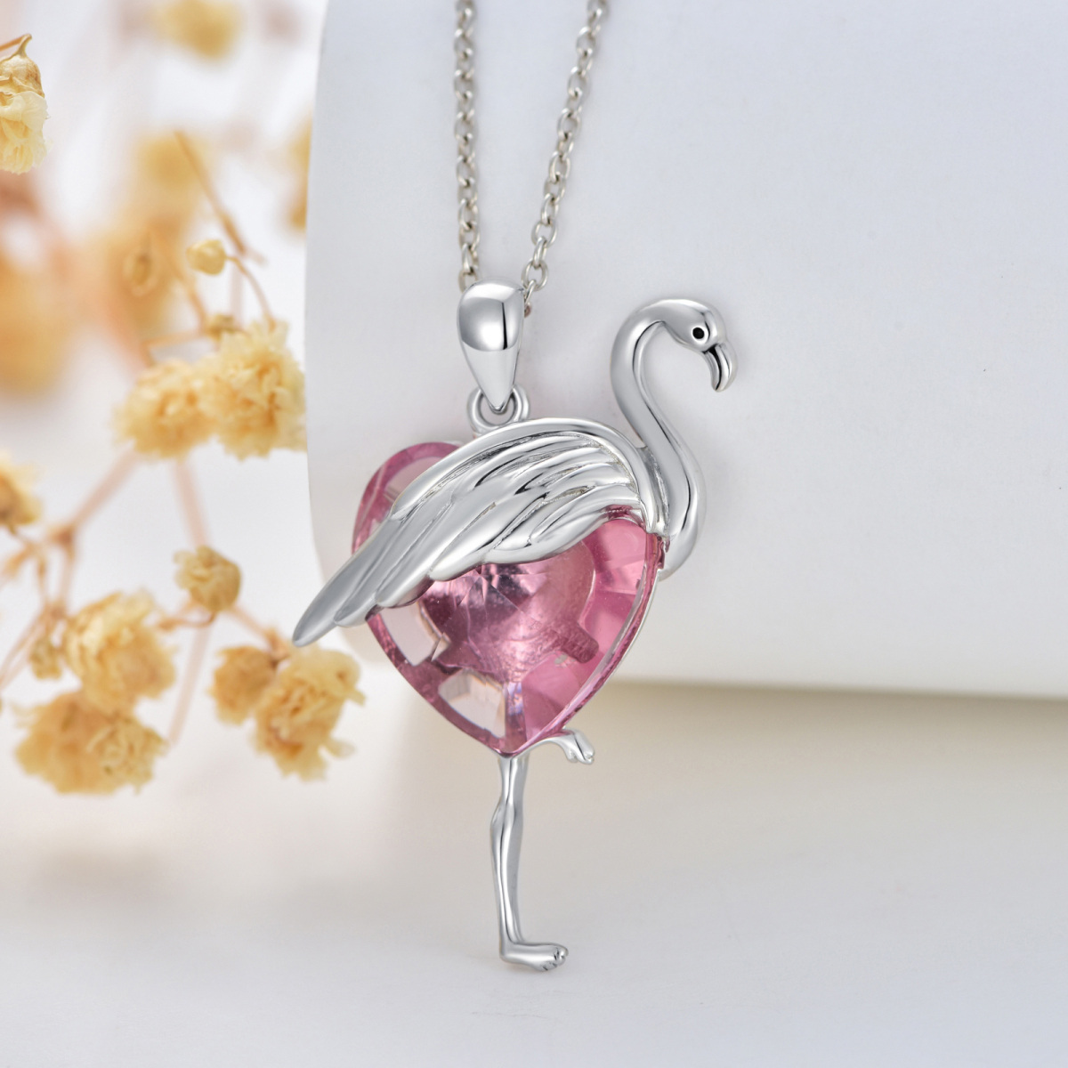 Sterling Silver Heart Crystal Flamingo Pendant Necklace For Women-4