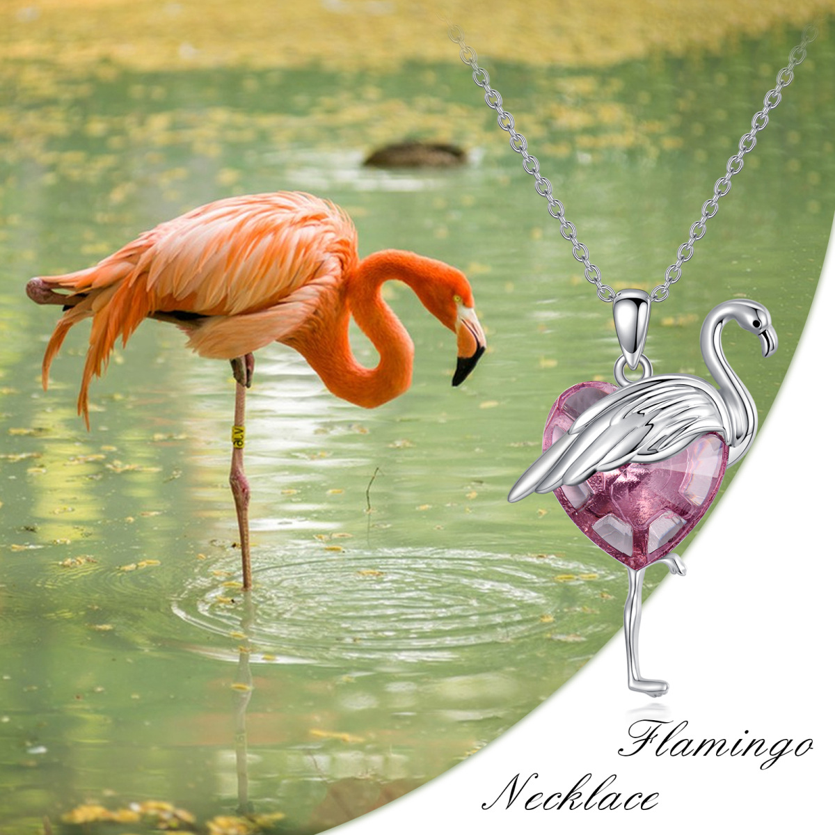 Sterlingsilber-Herz-Kristall-Flamingo-Anhänger-Halskette für Damen-5