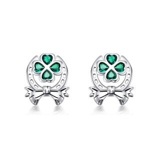 Sterling Silver Heart Crystal Four Leaf Clover & Bow With Horseshoe Stud Earrings For Women Best Friends-12