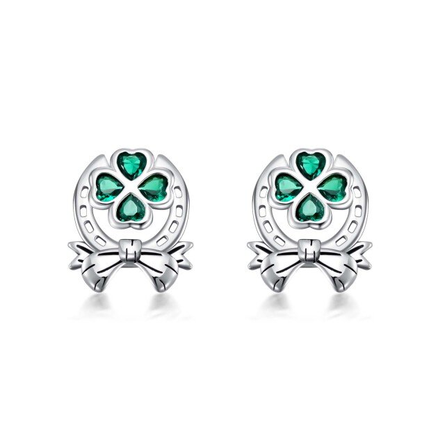 Sterling Silver Heart Shaped Crystal Four Leaf Clover & Bow & Horseshoe Stud Earrings-3