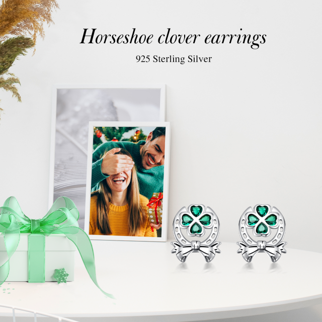 Sterling Silver Heart Crystal Four Leaf Clover & Bow With Horseshoe Stud Earrings For Women Best Friends-6