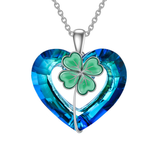 Sterling Silver Heart Shaped Crystal Four Leaf Clover & Heart Pendant Necklace