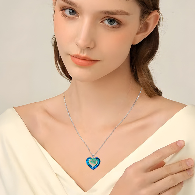 Plata de ley en forma de corazón de cristal de cuatro hojas del trébol y el corazón collar-2