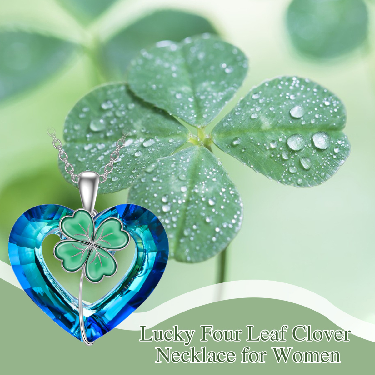 Sterling Silver Heart Shaped Crystal Four Leaf Clover & Heart Pendant Necklace-5