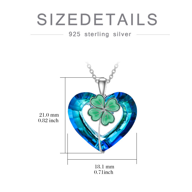 Sterling Silver Heart Shaped Crystal Four Leaf Clover & Heart Pendant Necklace-6