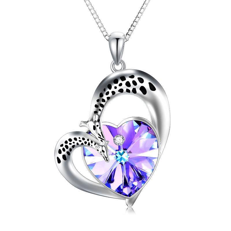 Sterling Silver Heart Crystal With Giraffe Couple Heart Pendant Necklace For Women-1