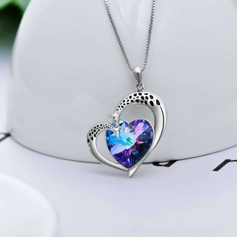 Sterling Silver Heart Crystal With Giraffe Couple Heart Pendant Necklace For Women-3