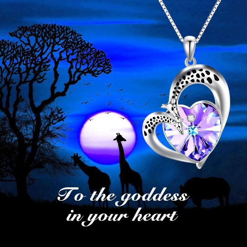 Sterling Silver Heart Crystal With Giraffe Couple Heart Pendant Necklace For Women-5