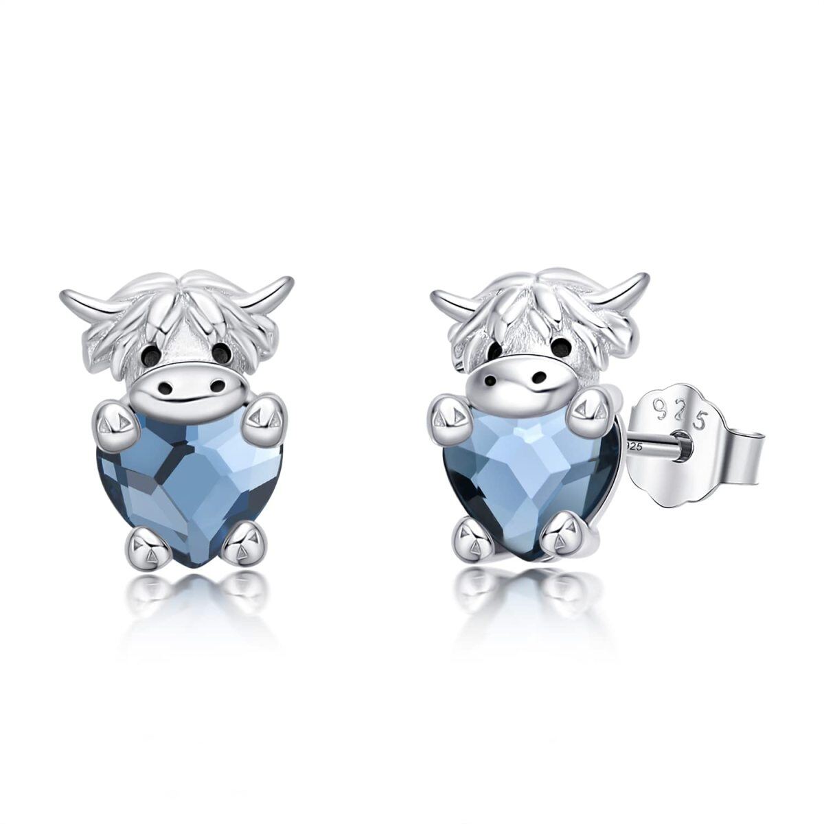 Sterling Silver Heart Shaped Crystal Highland Cow Stud Earrings-1