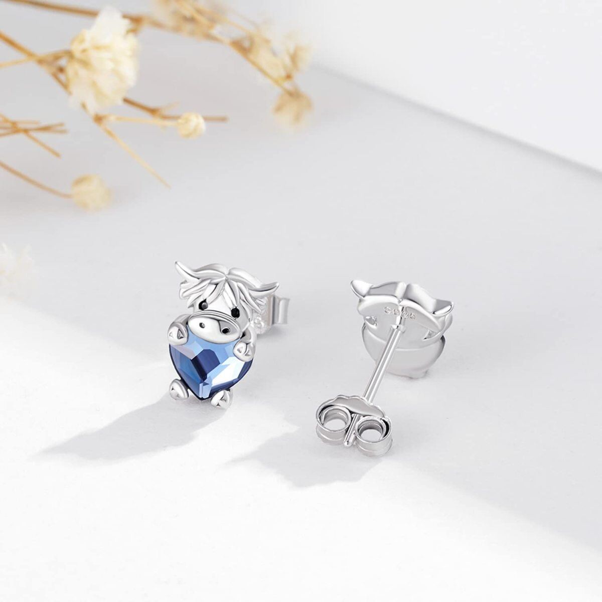 Sterling Silver Heart Shaped Crystal Highland Cow Stud Earrings-5