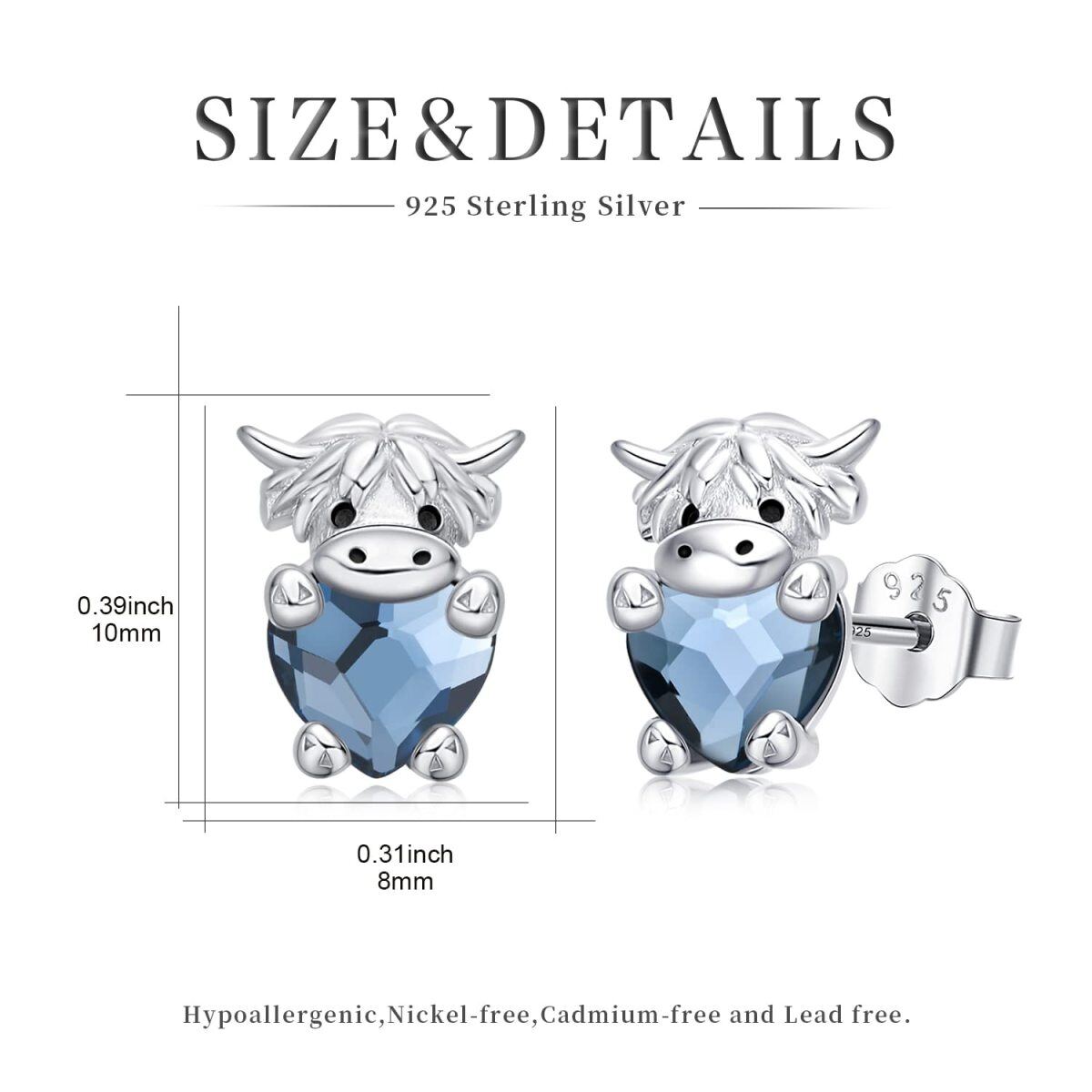 Sterling Silver Heart Shaped Crystal Highland Cow Stud Earrings-6