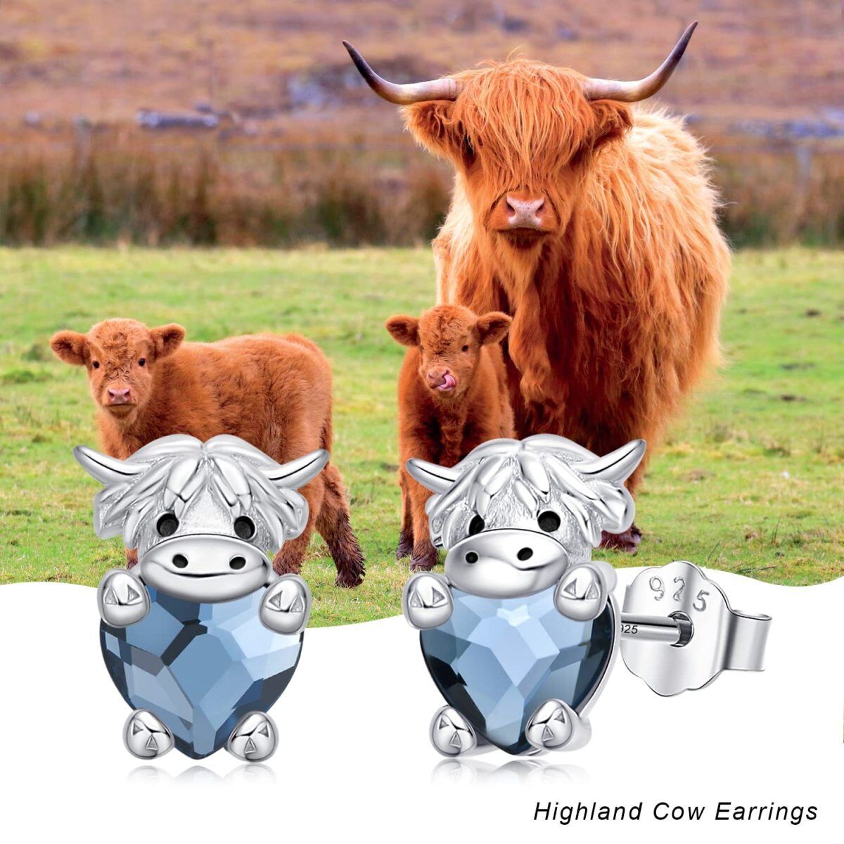 Boucles d'oreilles en argent sterling en forme de coeur et en cristal Highland Cow-7