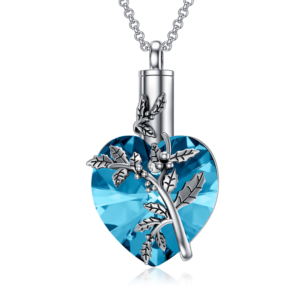 Sterling Silver Heart Shaped Crystal Holly & Heart Urn Necklace for Ashes-1