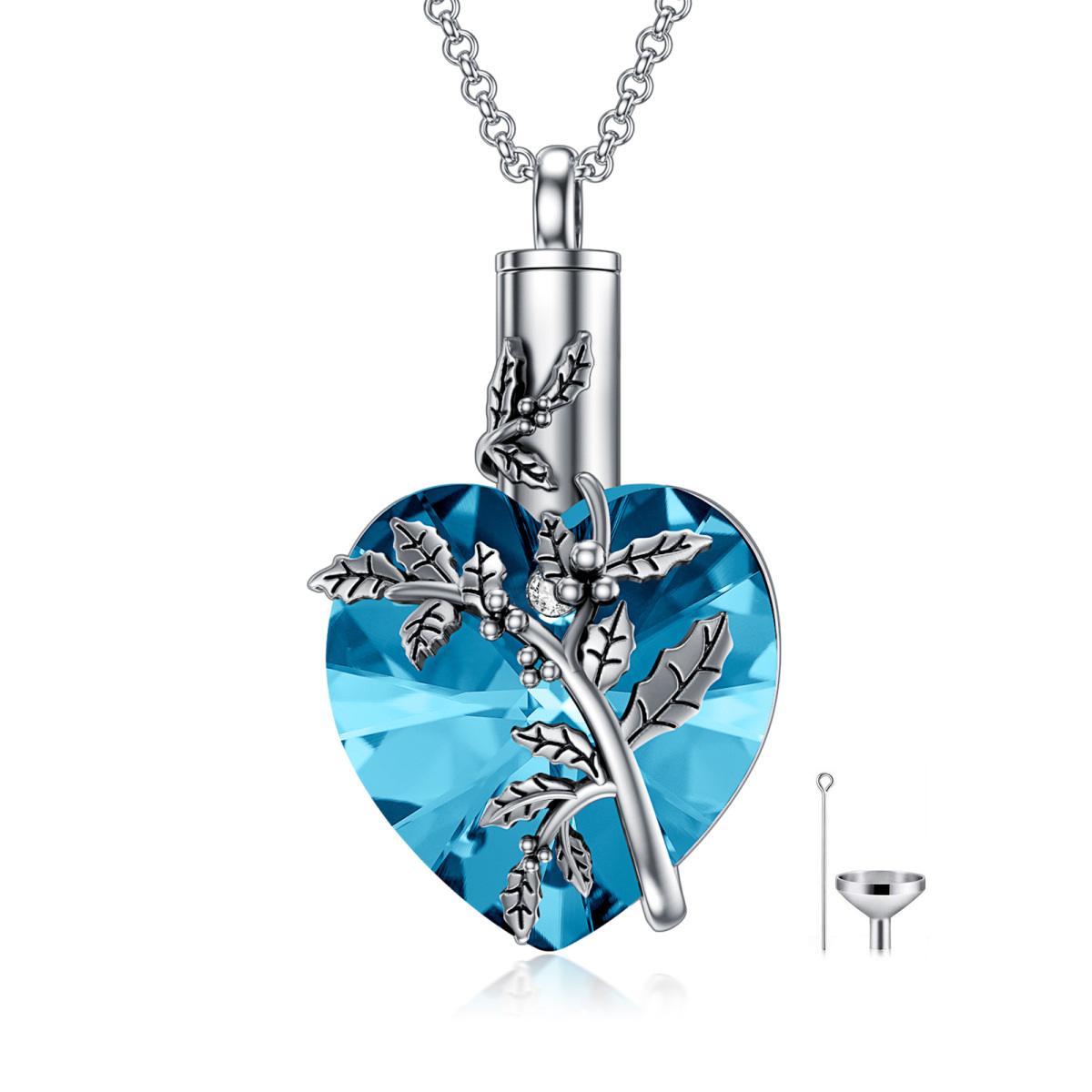 Sterling Silver Heart Shaped Crystal Holly & Heart Urn Necklace for Ashes-2