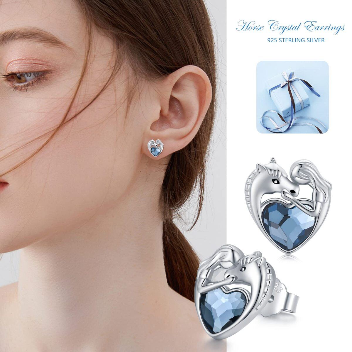 Sterling Silver Heart Crystal Horse Stud Earrings For Women-4