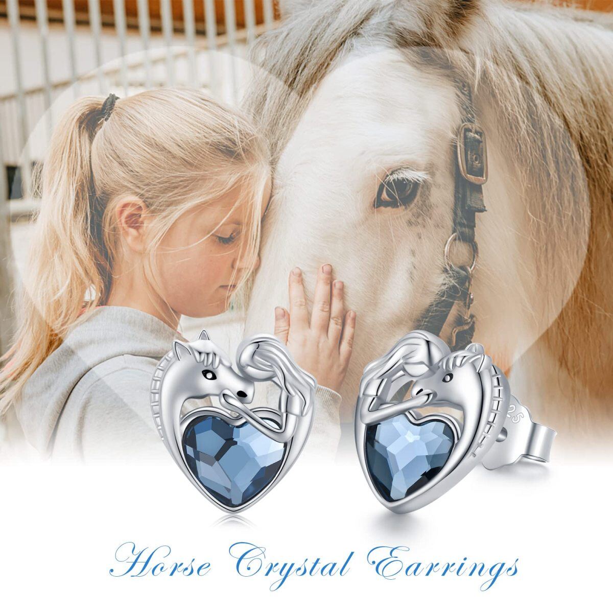 Sterling Silver Heart Crystal Horse Stud Earrings For Women-5