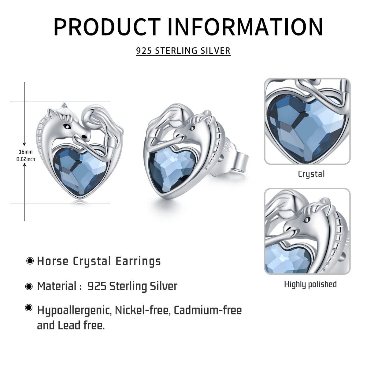 Sterling Silver Heart Crystal Horse Stud Earrings For Women-7