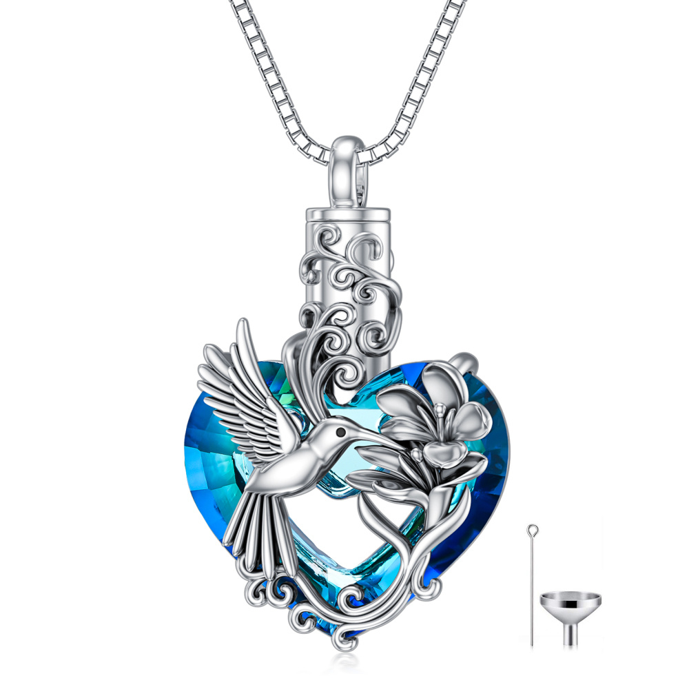 Sterling Silver Heart Shaped Crystal Hummingbird & Violet Urn Necklace for Ashes-1