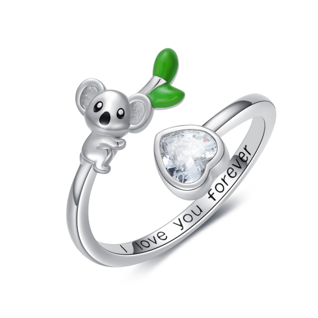 Sterling Silver Heart Shaped Crystal Koala & Heart Open Ring with Engraved Word