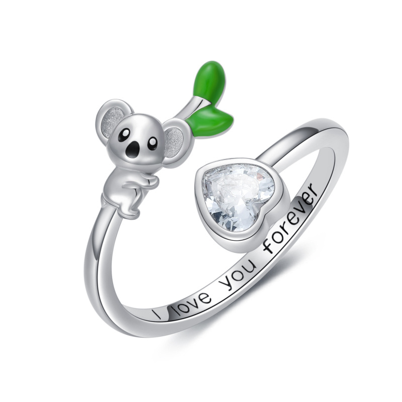 Sterling Silver Heart Crystal Koala Open Ring With I Love You Forever-13