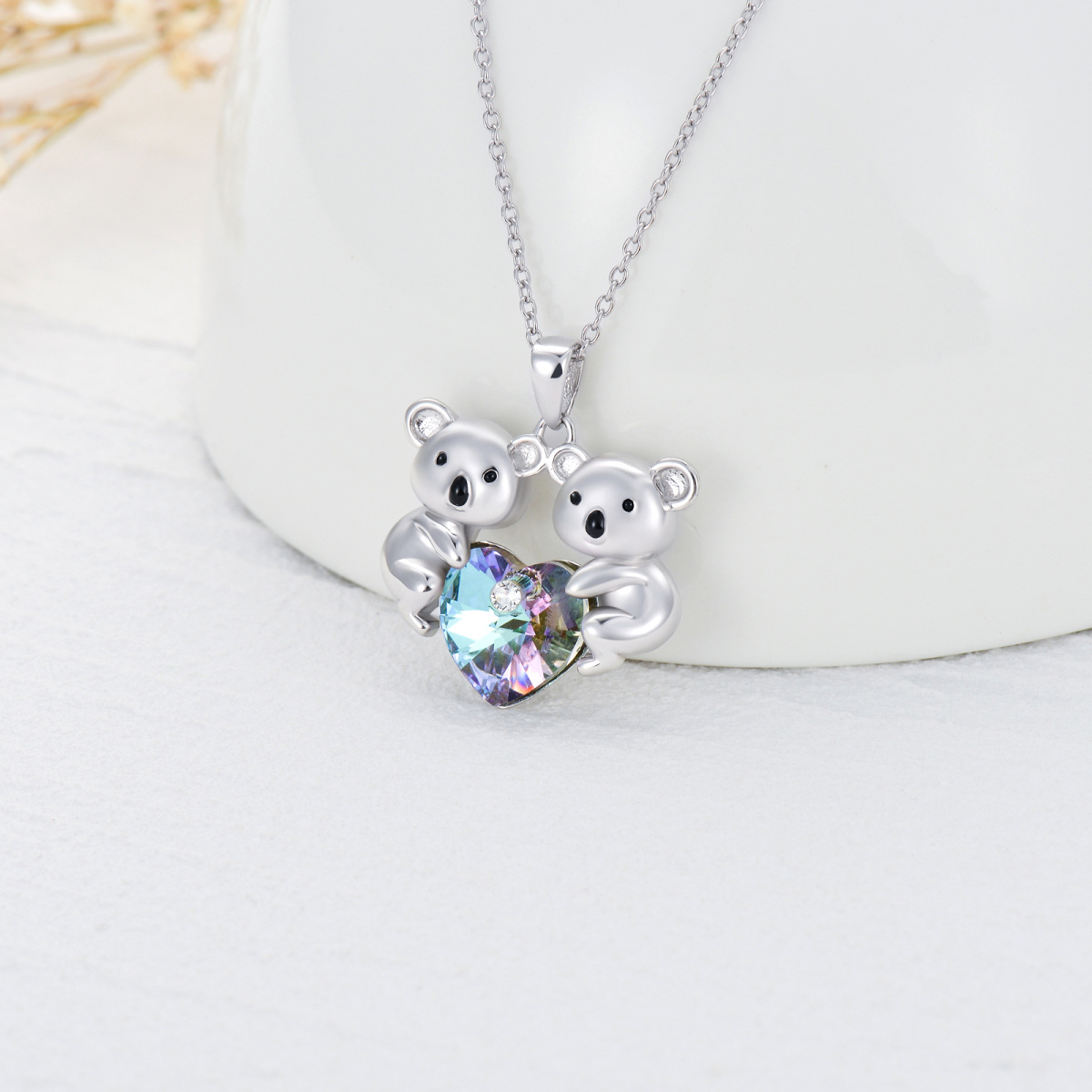 Sterling Silver Heart Shaped Crystal Koala & Sisters Pendant Necklace-3