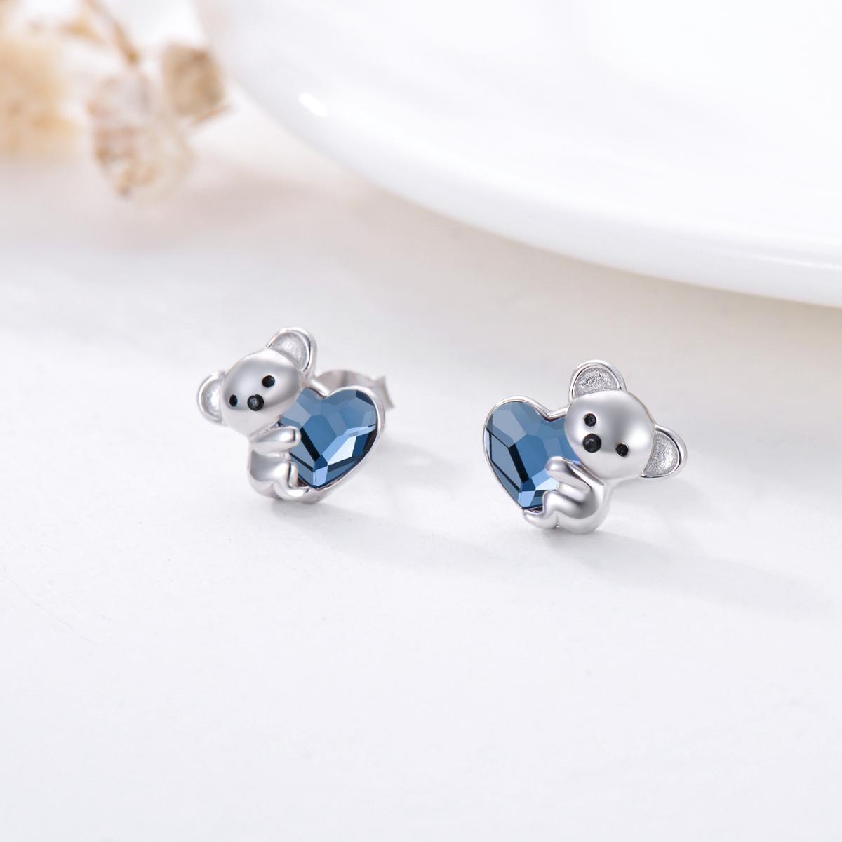 Sterling Silver Heart Shaped Crystal Koala Stud Earrings-4